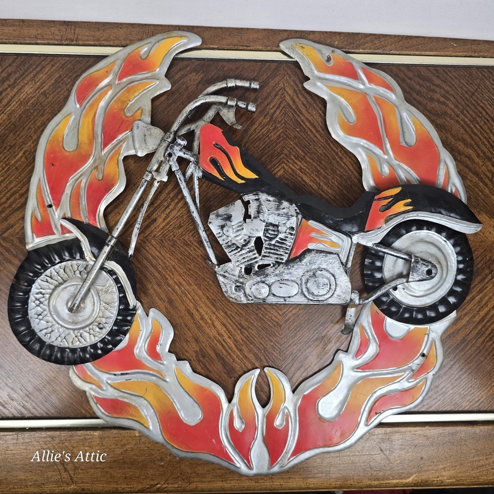 Motorcycle Wall Art Flames Metal 3D Garage Mancave Decor Biker Sign 4 Pc‎ 17"